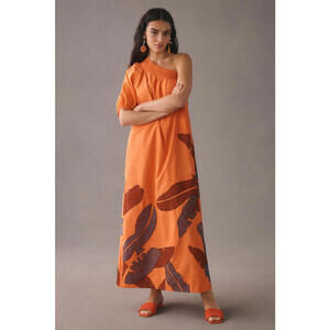 Anthropologie x Maeve - One-Shoulder Orange Maxi Dress with Leaf Print, Size M